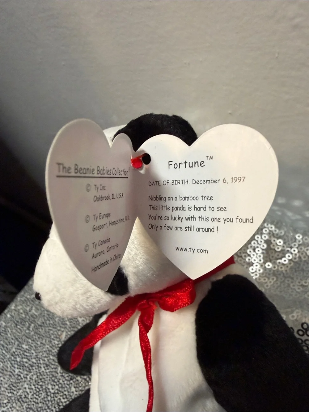 NWT Ty Fortune the Panda Bear Beanie Baby Plush with Red Ribbon